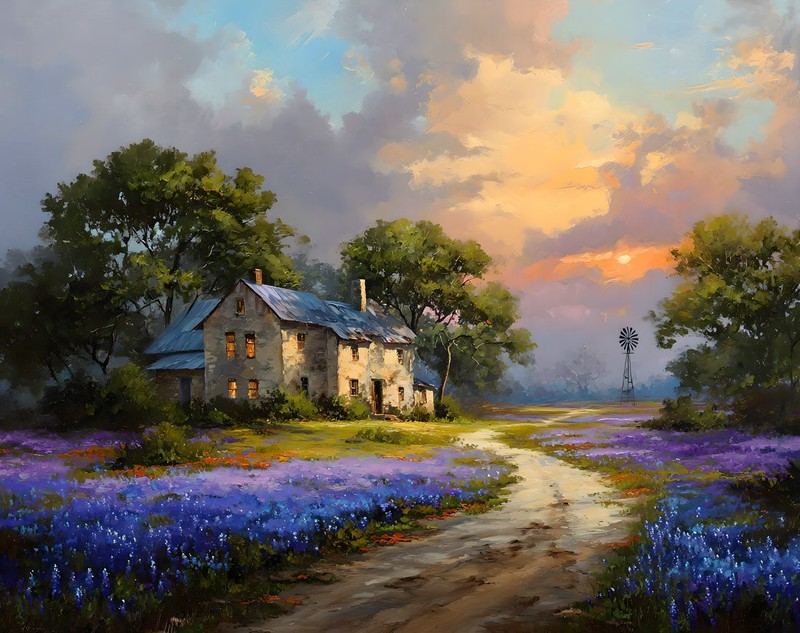 Texas Bluebonnets Landscape Oil Painting Home Decor Wall Art Printed On Canvas