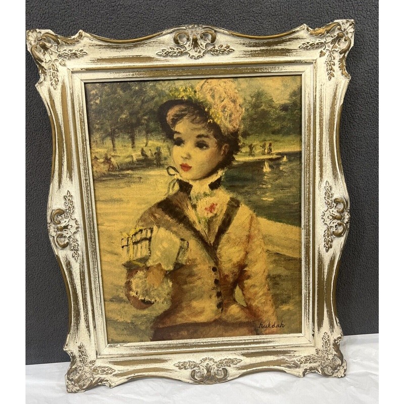 Vintage 50s Art Print In Central Park Cherry Jeffe Huldah Lady Hat Wood Frame