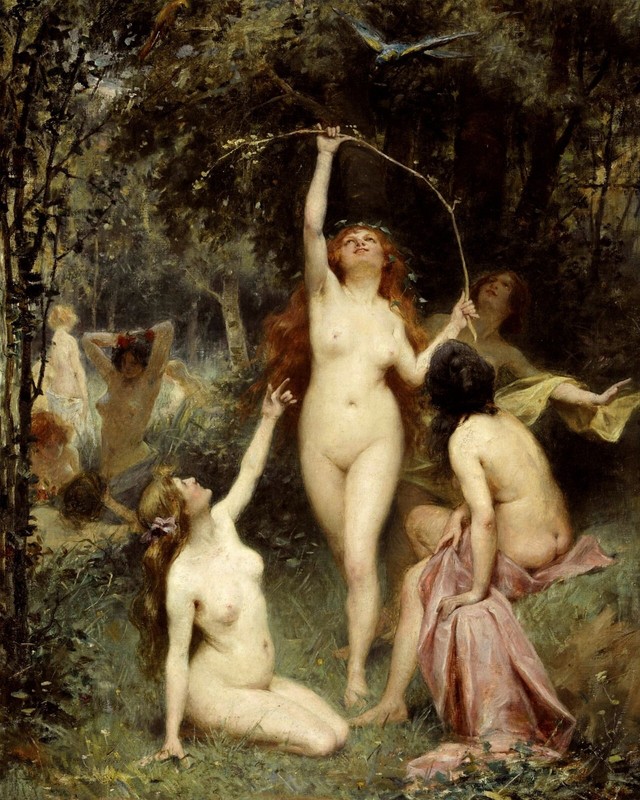 1800s Nymphs in the Forest Vintage Painting Giclee Print on Fine Art Paper