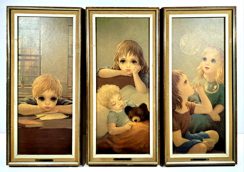 Vintage 1962 Set of Three Big-Eye Lithograph Prints By MIKI