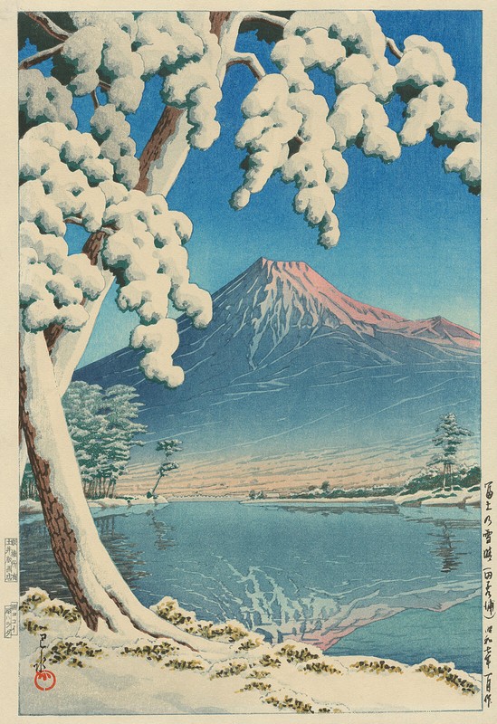 Kawase Hasui – After a Snowfall on Mount Fuji, Tagonoura Beach (1932) – 17″x22″