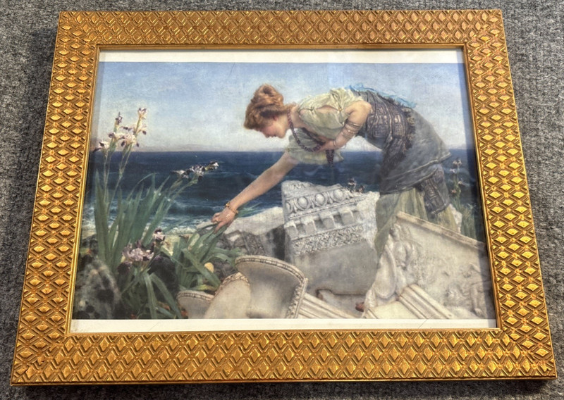 Vintage Gold Framed Ancient Greece Greek Woman Ruins Iris Flowers 14×16