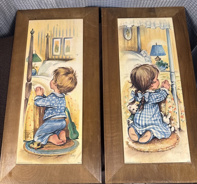 Coby Boy & Girl Litho Prints Vtg 70s Solid Wood “Bedtime Prayers” Set Of 2