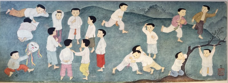 Mai Trung Thu Vintage Offset Lithograph Print Of Asian Kids Playing 10 X 30 in.