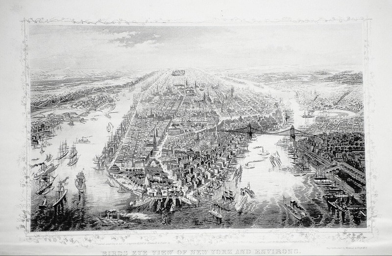 RARE etching. Birds eye view of New York and Environs Kimmel & Voigt, 1877
