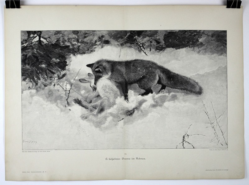 1890s German Wood Block Print Moderne Kunst 16″ x 22.25″ DRAMA IN THE SNOW