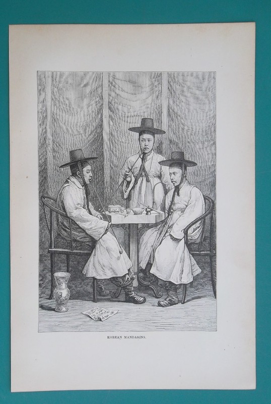 KOREA Corean Mandarins Costumes Pipe Smoking - 1884 Antique Print