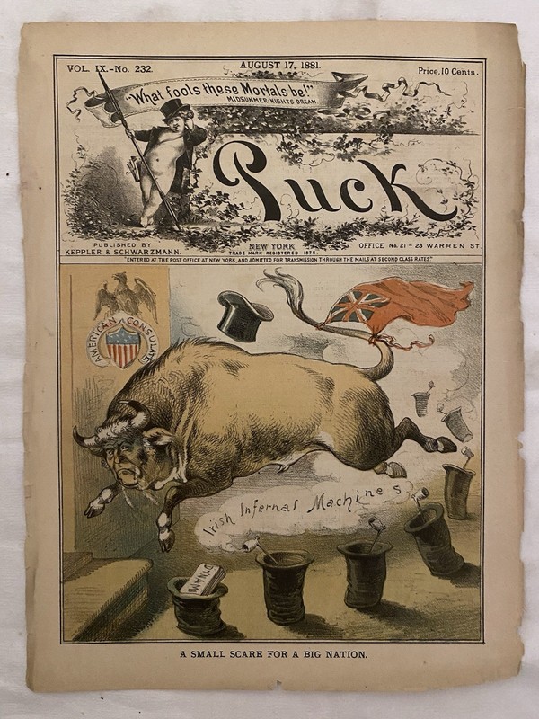 1881 Puck Political Cartoon Print Irish Infernal Machines Satire Paper