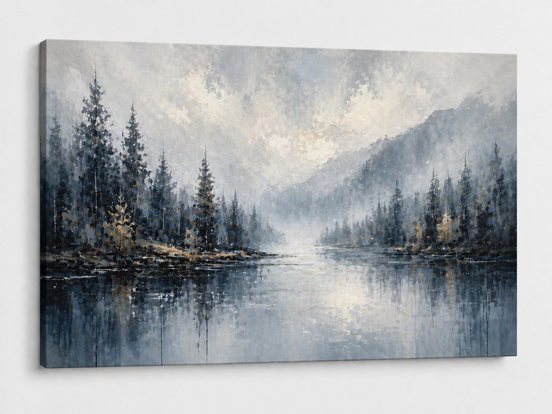 ICE ARMOR Large Canvas 24x36" Abstract Misty Forest Lake Art Modern Blue Gray