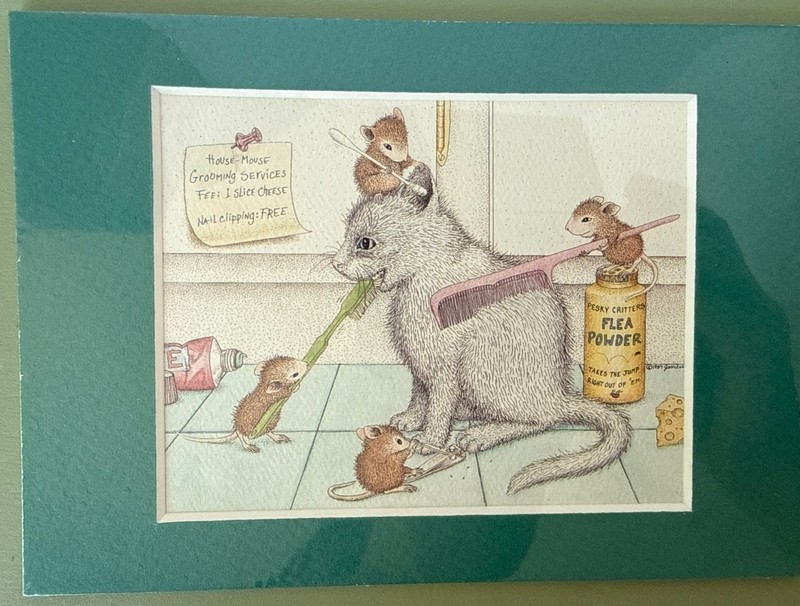 Vintage 80s House Mouse Print by Ellen Jareckie Matted 5×7 Mice Grooming Cat
