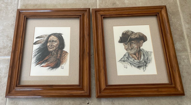 Old Cowboy and Indian Framed Prints By Terri Huff – Rustic Old West – Set of 2
