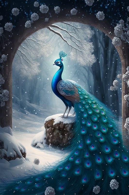 Animals Peacock Snow Scene Painting Wall Art Home Decor Printed On Canvas 041