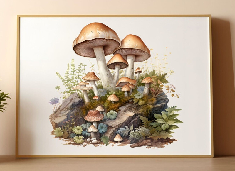 Mushroom Art Print, Neutral Mushrooms Art Print, Wall Art Decor Botanical Print
