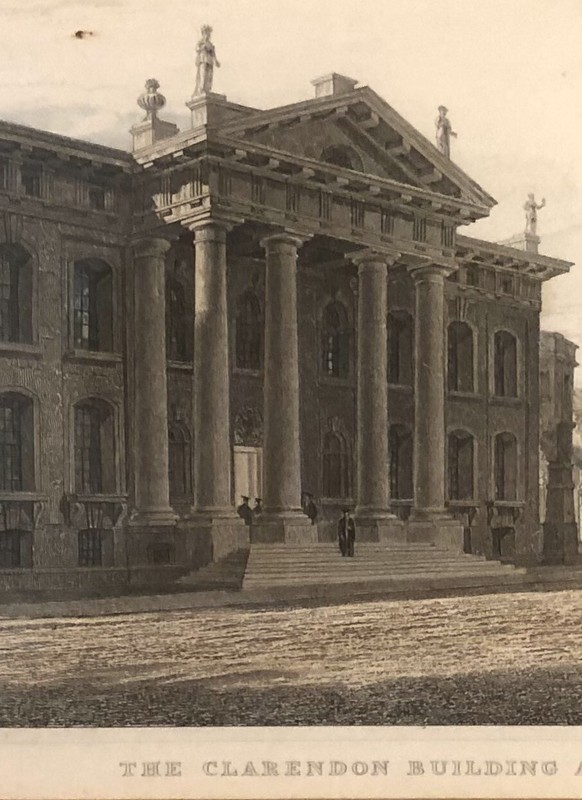 ANTIQUE STEEL ENGRAVING «THE CLARENDON BUILDING AND BROAD STREET» OXFORD ENGLAND