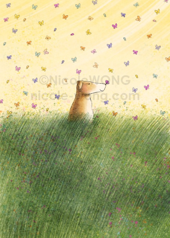 ACEO archival PRINT – BUTTERFLIES – dogs pets animals landscape meadow butterfly
