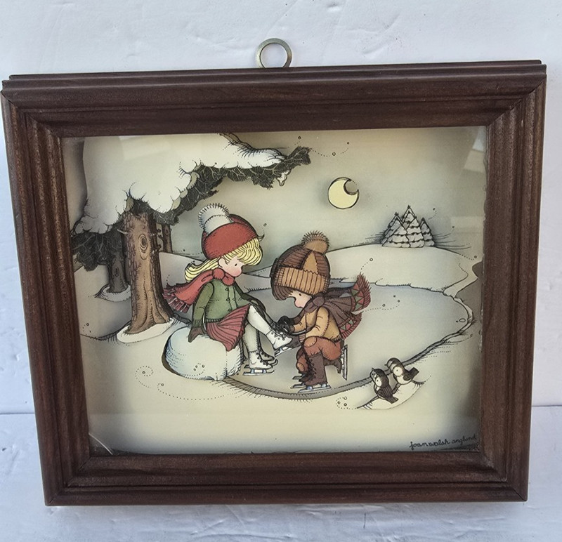 3D Art Hand Cut Paper Tole framed Picture Children Ice Skating Joan Walsh Anglum