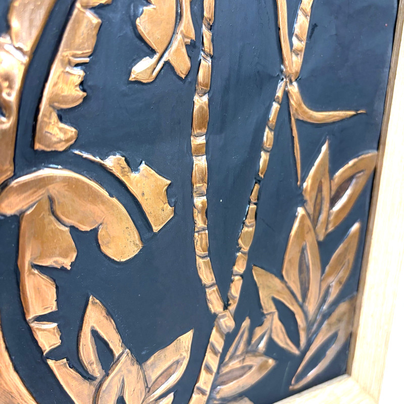 Repousse Relief Copper Parrot Bamboo Tropical Tiki Folk Art Wood Framed 13x16.25 gallery
