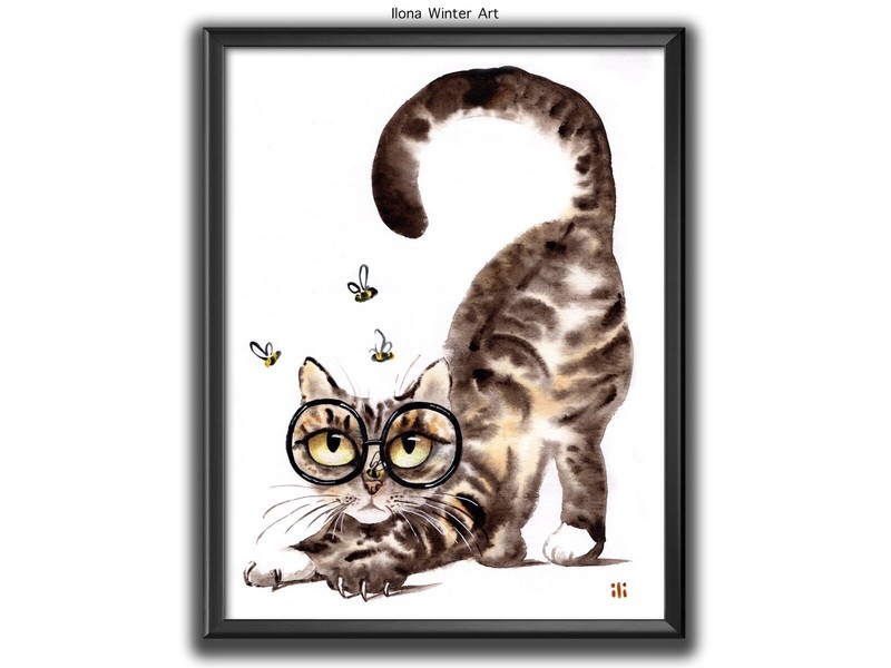 Personalised Tabby Cat with Glasses And Bees Painting Print by Ilona Winter