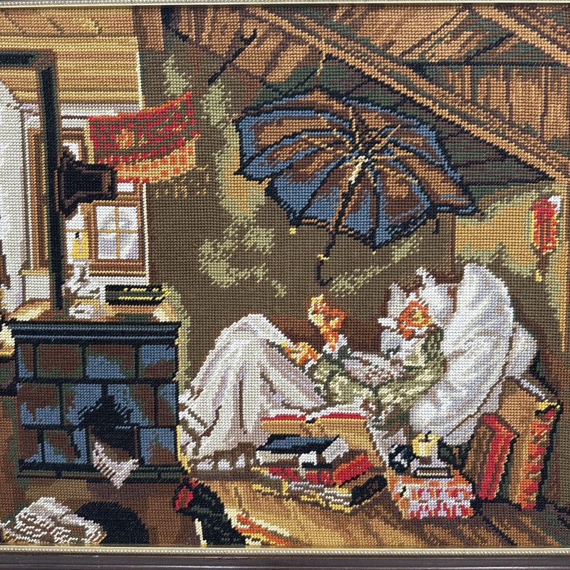The Poor Poet Carl Spitzweg Needlepoint Art Beautiful Framed Vintage gallery