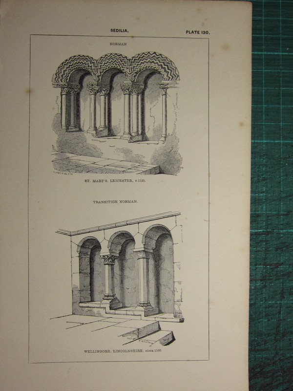 1845 ANTIQUE ARCHITECTURE PRINT ~ SEDILIA NORMAN ST MARY’S TRANSITION WELLINGORE