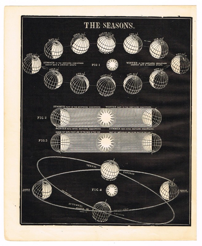 ANTIQUE PRINT VINTAGE 1889 ASTRONOMY STAR ORIGINAL WOOD BLOCK SEASONS EQUINOX
