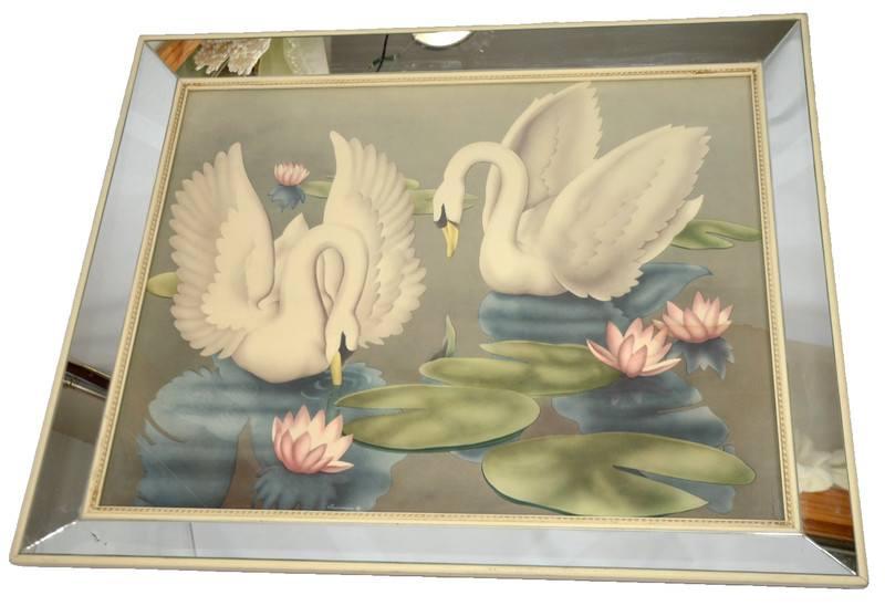 Pink Lilies with Swans Mirror Frame Turner Print Original Vintage MCM