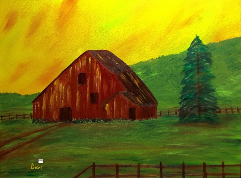 Art Print of Oil Acrylic Painting by Dave. Landscape Barn Nature Sky Farm Rural