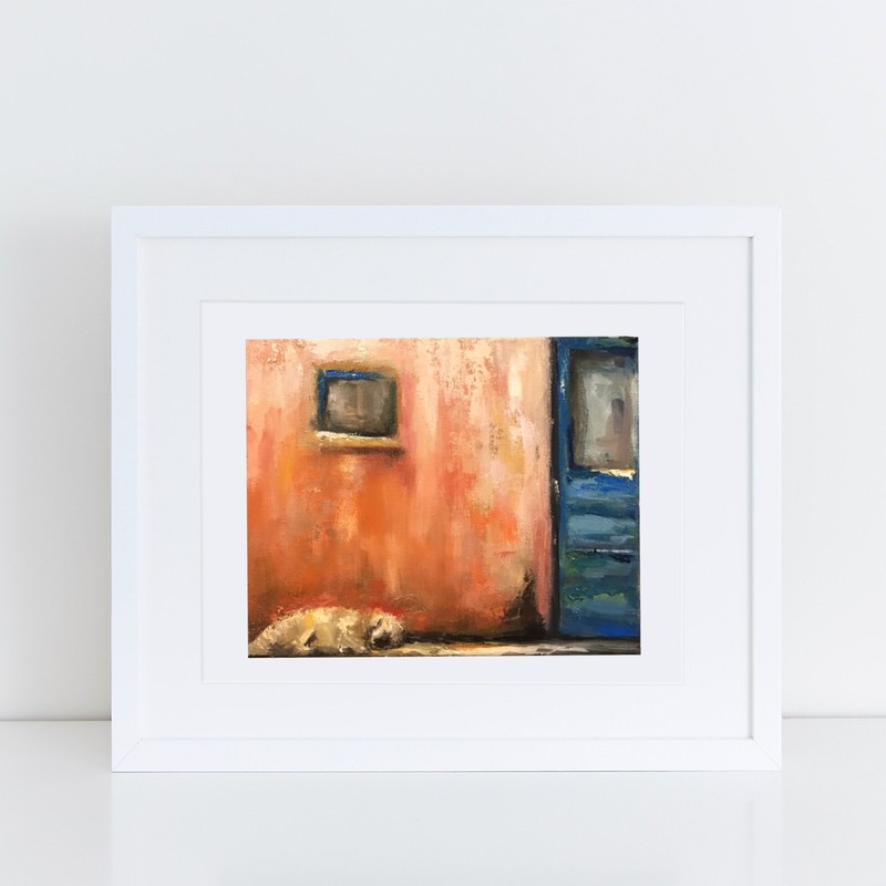 ACEO ATC Signed Print “Sunny Spot” Artist Trading Card Dog Taos Pueblo Southwest gallery