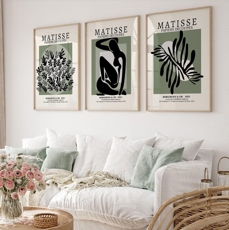 Neutral Abstract Matisse Wall Art Posters Set Of 3 Green Frameless Poster Prints