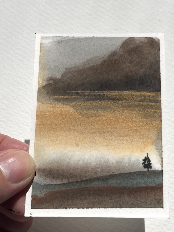ACEO Original Watercolor Gold Metallic Mountain Mist Lone Tree Atmospheric Lands gallery