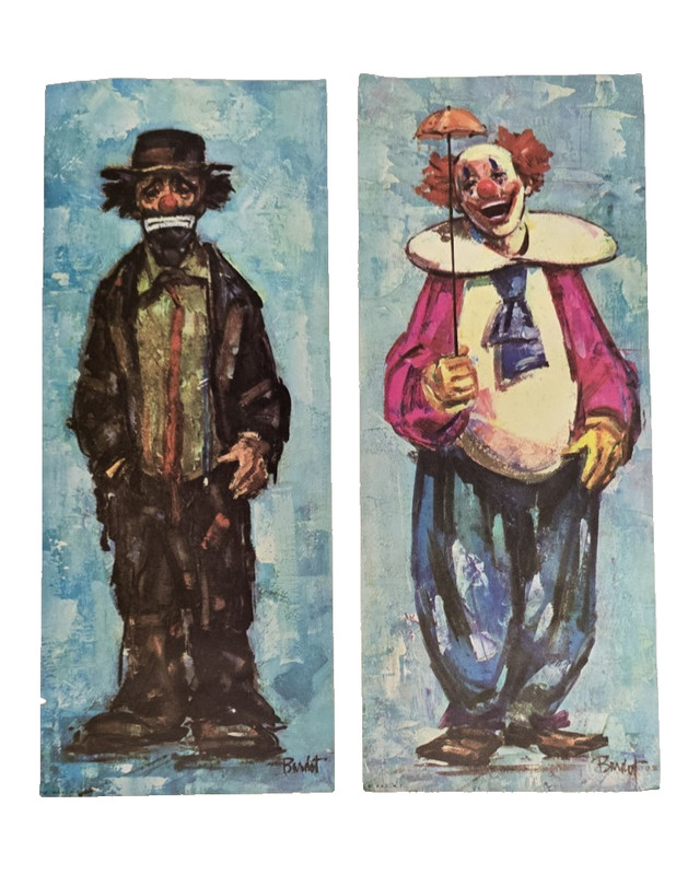 RARE Vintage 1960’s MCM Bardot Clown Art Prints 15×6 / Set of 2