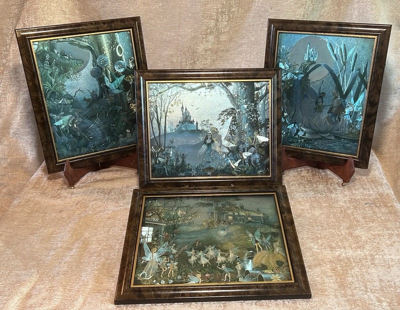 Vintage Matching Set Of 4 Fantasy Fairy Foil Art Picture Metallic Etching #1584