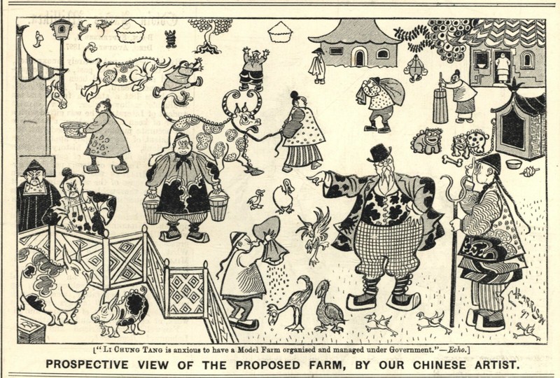PROSPECTIVE CHINESE FARM HUMOR - Vintage 1897 British Cartoon Satire CARICATURE
