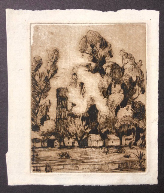 strong image etching of water tower on laid paper UNKNOWN artist MUST SEE
