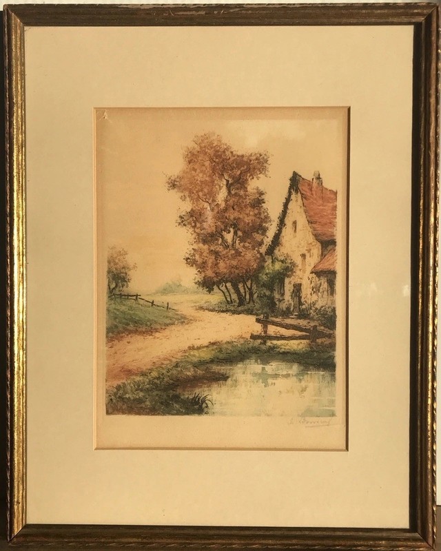 VTG Hand Colored Etching 9.5”x7” Rural Cottage Signed Framed 12”x15” gallery