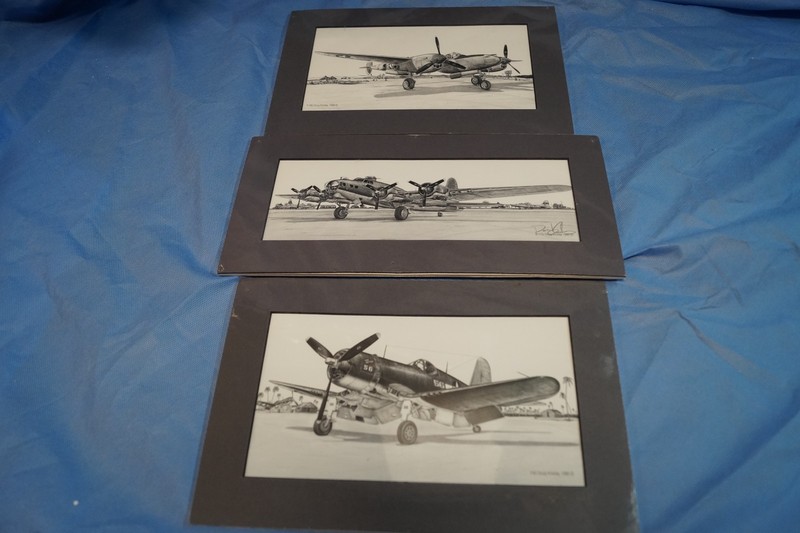 3 Doug Kinsley Matted Lithograph Aviation Illustrations B-17, P38, F4U Corisair