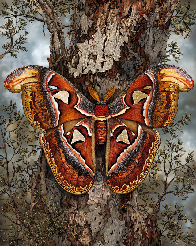 8×10 Atlas Moth wings spread – tree trunk, bark texture – realistic – 428662251