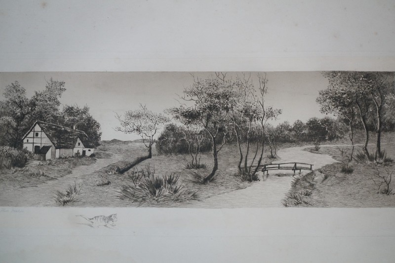 Antique B&W Country Farmhouse Bridge Over Water River Landscape Etching 32" gallery