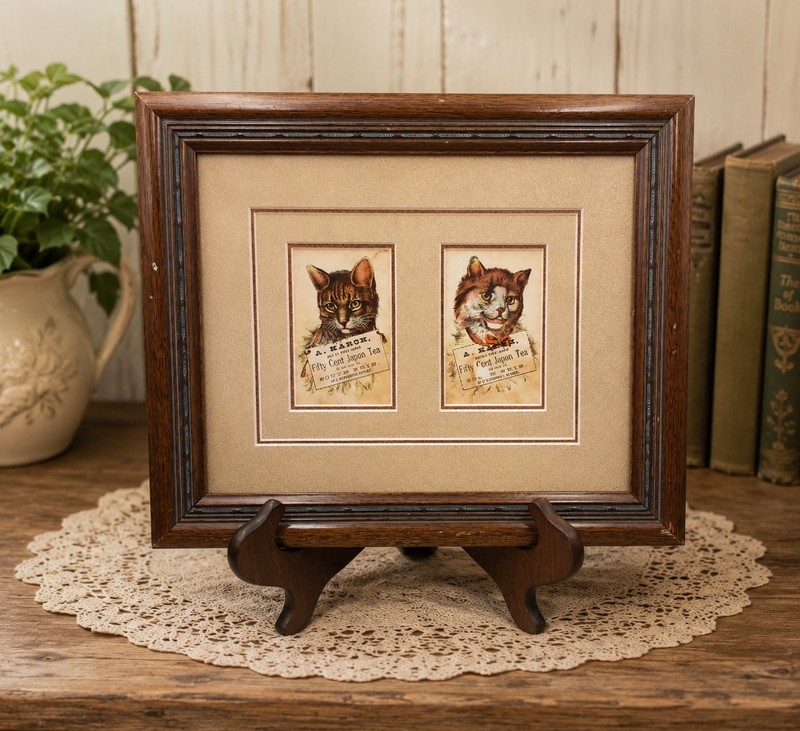 Vtg Framed Victorian Trade Card Cat Tea Advertising Mill Spring Gallery Japan