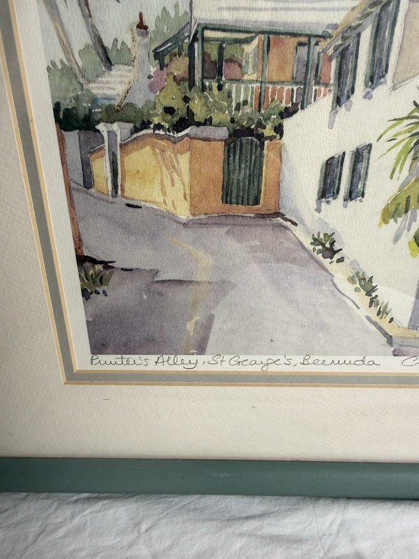 Vintage Printer’s Alley St George Bermuda Caribbean Watercolor Signed C. Holding gallery