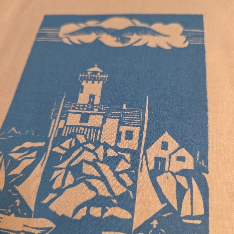 Vintage Hand Block Print on Fabric Lighthouse & Sailboats 7" x 7" gallery