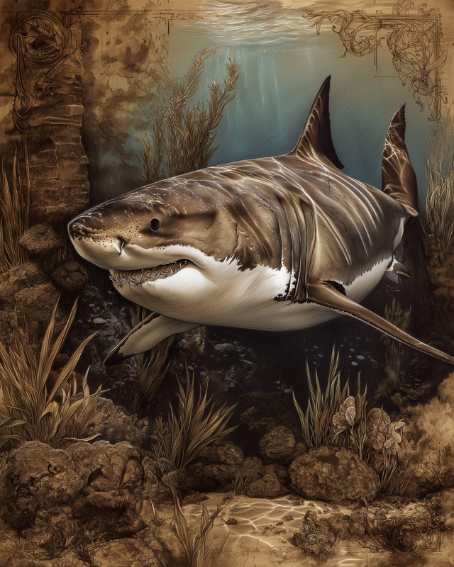 8×10 Great White Shark gliding forward, light rays – vintage sketch – 201623891
