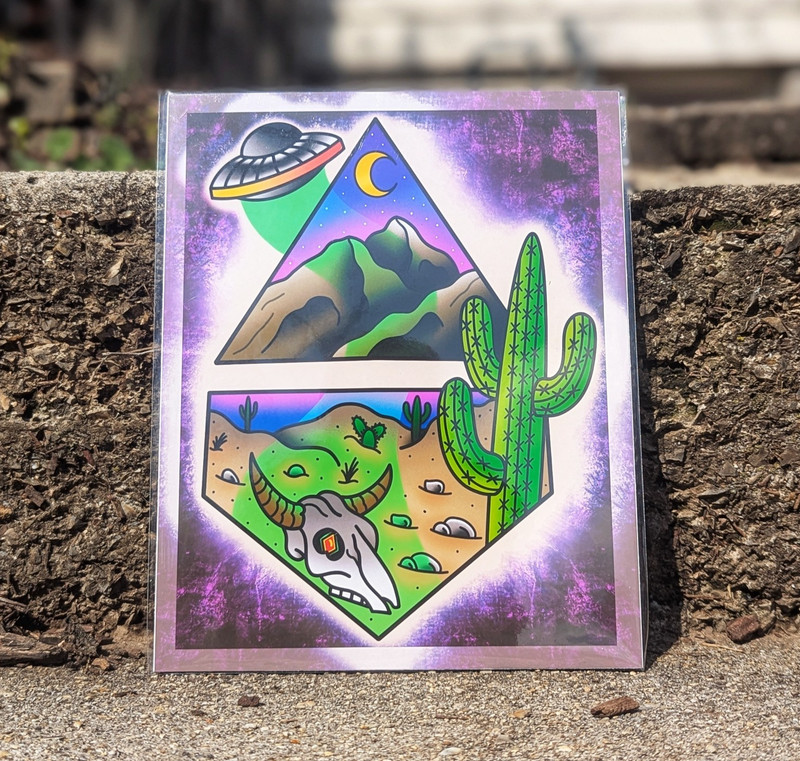 8×10 Original Art Print – High Quality Gloss Paper – Desert Night UFO