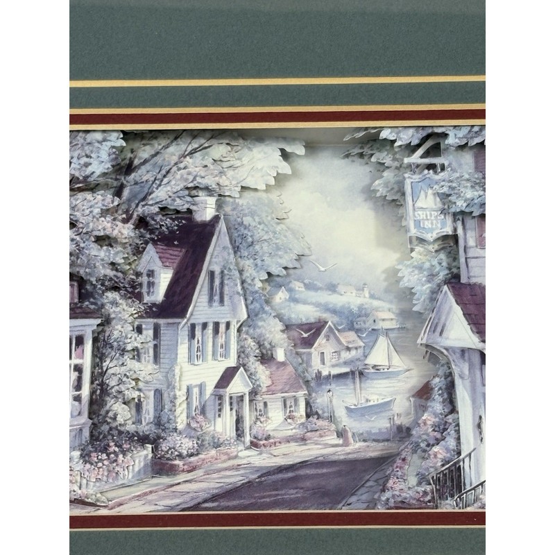 Vintage 3D Paper Tole Shadowbox Framed Seaside Village Scene Antiques Shop Ships gallery