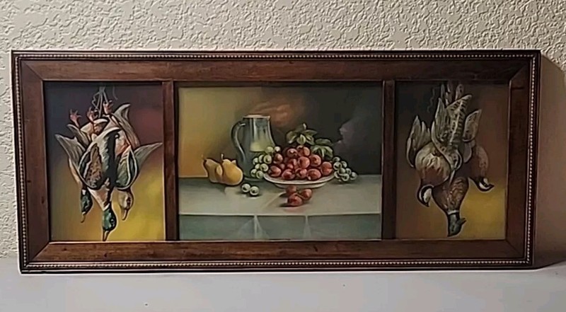 Triptych Oak Frame Litho Print Hunt Bird Quail Duck Fruit 34 1/4″ X 14 1/4″
