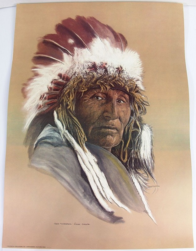 Vtg 1976 Red Tomahawk Sioux Indian Native American Print Hans Luetcke – 20×28