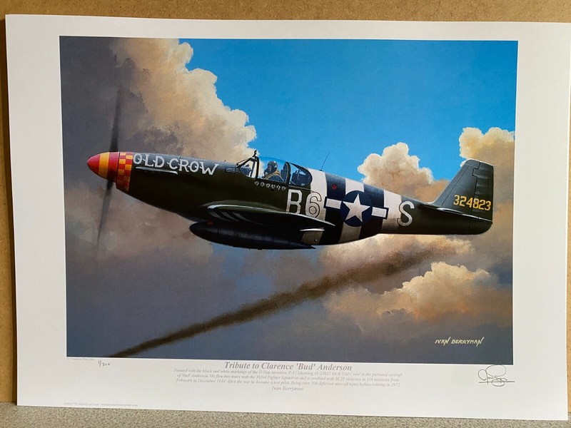 NO 1 signed edition aviation art print P-51 Mustang fighter ACE Bud Anderson