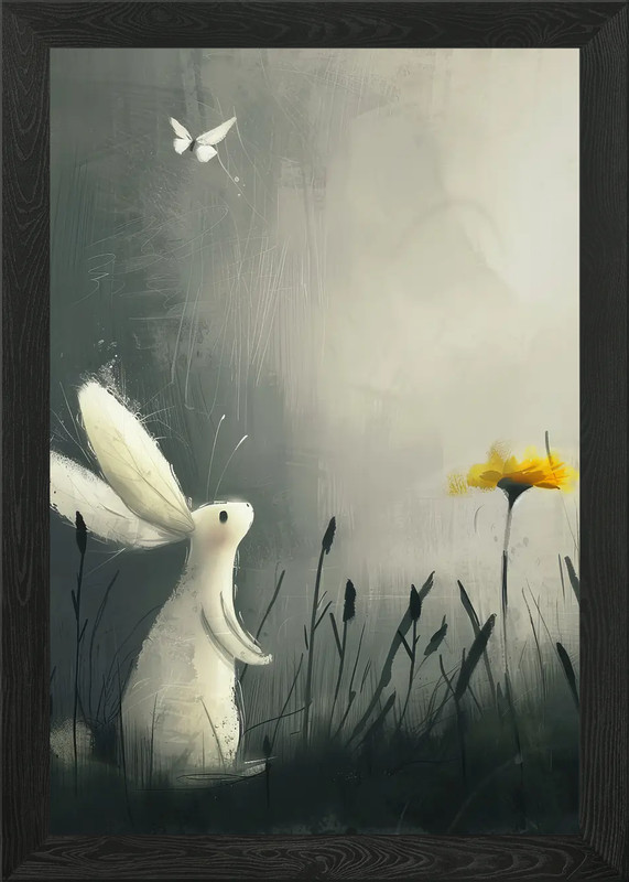 Rabbit and Butterfly in Grayscale M Framed Wall Art Poster Canvas Print Picture