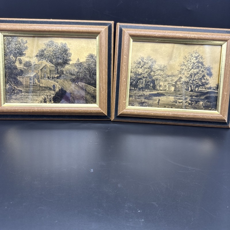 2 Vtg MCM INTERCRAFT Framed CURRIER & IVES Metalcraft Gold Foil Country Wall Art gallery
