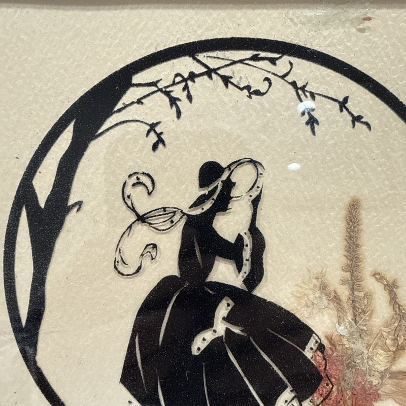 1930’s Silhouette Reverse Painting Woman Tree Dried Flowers 6 3/4" Square gallery